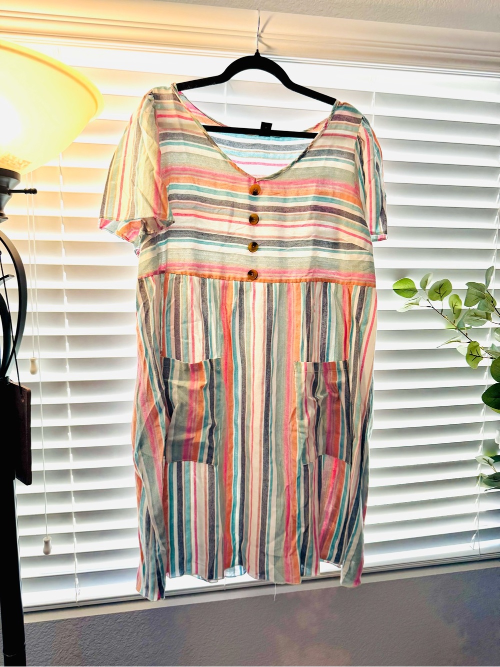 Striped Multi-Color Short Sleeve Cotton Dress with Front Buttons. 2XL New!